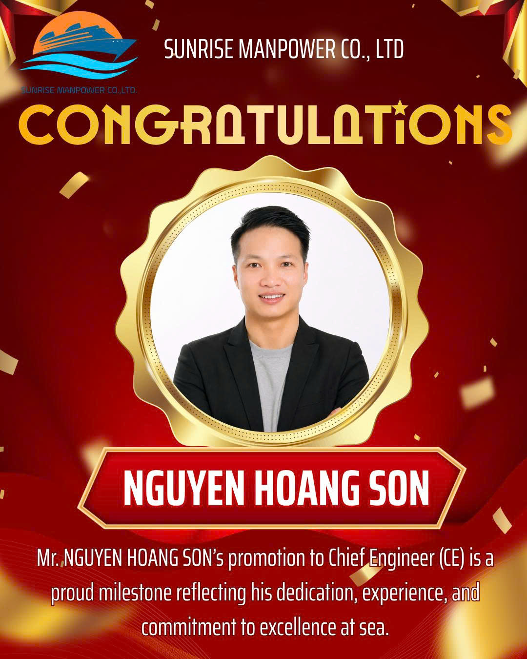 CONGRATULATIONS ON YOUR PROMOTION TO CHIEF ENGINEER